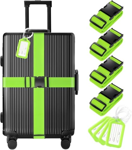 MosaiRudo 4 Stück Gepäckgurte und Gepäck Tags Set (4 Gurte, 4 Tags) (Grün) | 2m Kofferband Gepäckgurte für Koffer TSA genehmigt Koffergurt Gepäck Tags,Luggage Strap für Reisen, Flugreise, Urlaub, Gepäck