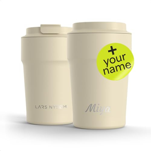 LARS NYSØM Personalised Thermo Coffee Cup to Go 380ml | Stainless Steel Travel Mug 0.38 L with Engraving | Leakproof Thermal Cup as a Gift with Name for Men and Women (Almond Beige, 380ml)