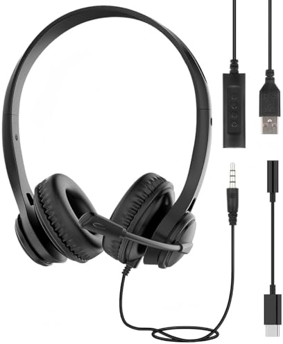 Himank USB Headset for PC Laptop Phone, 3 in 1 Wired Headphones with Noise Cancelling Mic & Audio Controls, Adjustable Headset for Office, Call Center, Online Classes, Teams, Zoom, Skype