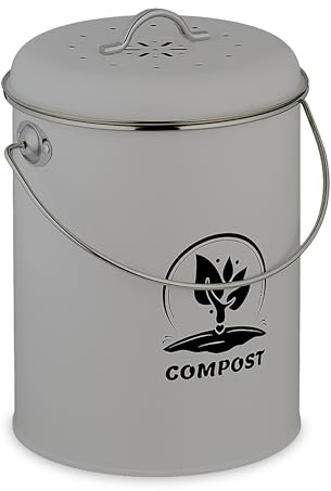 Relaxdays Kitchen Compost Bin, 5.5 Litres, Iron, Odour Filter, with Lid & Handle, Organic Food Waste Caddy, Round | Rubbish bin with lid and odour filter, waste bin, organic waste, iron