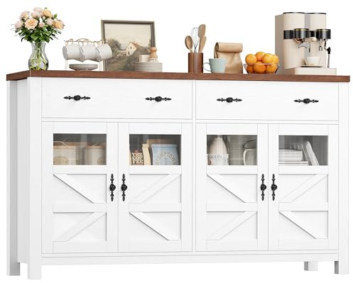 FirFurd Sideboard weiß 140 cm Küchenschrank mit 2 Schubladen 4 Türen | Buffetschrank Küchenbuffet mit Arbeitsplatte, Küchenkommode Vorratsschrank für Wohnzimmer Küche Esszimmer, 140 x 40 x 90 cm