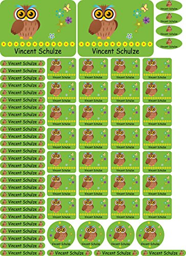 Namensaufkleber Kinder Schule Eule - 69 Sticker - A4-Bogen - Namensetiketten selbstklebend - Aufkleber selbst gestalten - Kindergarten, KITA, Brotdose, Bücher, Federmappe, personalisiert