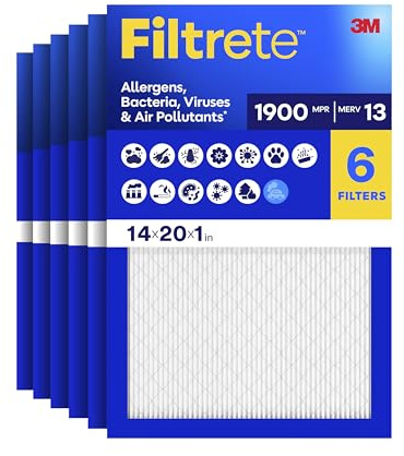 Filtrete 14x20x1 AC Furnace Air Filter, MERV 13, MPR 1900, Premium Allergen, Bacteria & Virus Filter, 3-Month Pleated 1-Inch Electrostatic Air Cleaning Filter, 6-Pack (Actual Size 13.81x19.81x0.78 in)