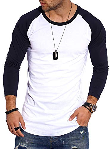 behype. Herren Oversize Longsleeve Langarm T-Shirt O-Neck Rundhals Ausschnitt 30-3752 Weiß-Navy M