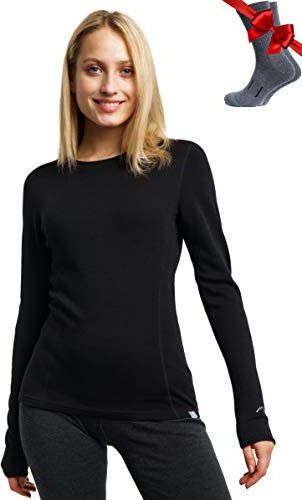 Merino.tech Merino Wool Base Layer Womens — 100% Merino Wool Long Sleeve Thermal Shirts Heavyweight, Midweight, Lite + Wool Socks (Small, Black 250)
