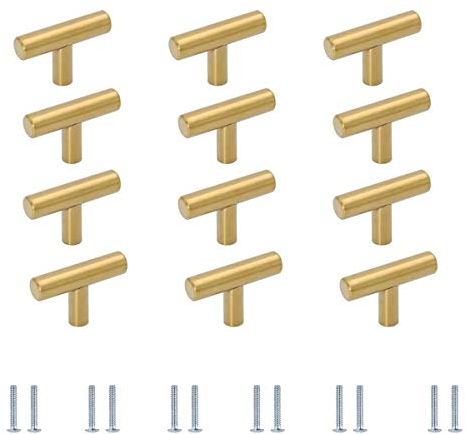 Möbelgriffe T Stangengriff Möbelknöpfe Gold 12 Stück, Kommodenknopf Türknauf Aluminiumlegierung Schubladenknöpfe für Schrank Küchenschrank Kleidschranktür