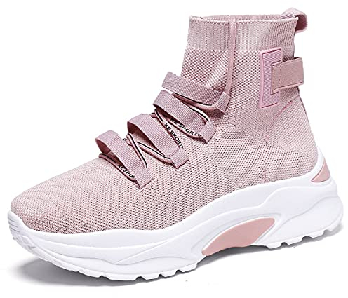 EXSADER Femmes Chaussures Décontractées Baskets Respirant Léger Plateforme Confort Athlétique Marche Gym Respirant Maille À Lacets Chaussette Sneakers,Color Rose,Size 37