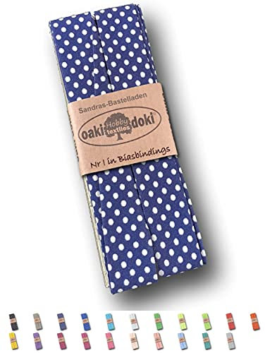 Sandras-Bastelladen Schrägband/Einfassband Baumwolle gefalzt 3m x 20mm - Punkte Muster 1003-Dunkelblau-Weiß