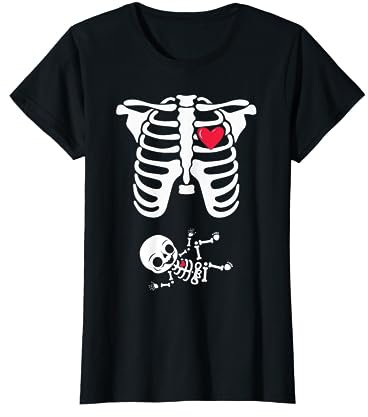 Skeleton Pregnancy XRay Halloween Costume Tee - Femme - T-shirt Noir - X-Small - Halloween Skeleton X-ray Pattern V-neck Short Sleeve Loose Fit