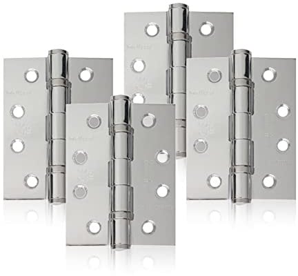 UAP 4 Set of Ball Bearing Door Hinges 4 Inch (100mm x 75mm) – Mild Steel Butt Hinges, Heavy Duty for External & Internal Doors, Residential & Commercial (4 Pack, Polished Chrome)