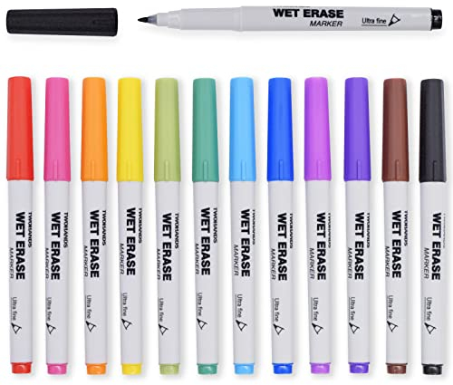 TWOHANDS Whiteboard-Marker Set, 12 Farben, feucht abwischbar, ultrafeine 0,7 mm Spitze, ideal für Whiteboards, Kühlschrank-Kalender und Glasoberflächen, 20703