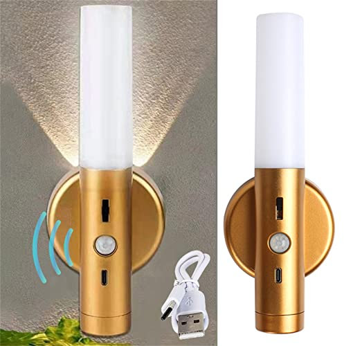 Motion Sensor LED Wall Light Indoor with Switch Battery Operated Dimmable Wall Mounted Wall Socnce USB Rechargeable Cupboard Light Wall Lamp Gold Magnet Night Lights Bedroom Hallway Lighting (1 Pack)