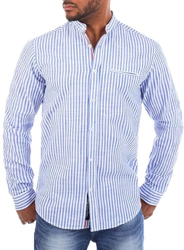 Carisma Herren Baumwoll Leinen Mix Stehkragen Hemd gestreift Langarm 8455, Grösse:L, Farbe:Blau