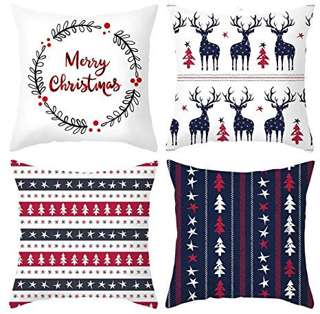 Banemi Kissenbezüge Couch 4er Set, Weihnachten Kopfkissenbezug Kinder Motivo A Strisce di Corona di Cervo Weihnachtsschmuck fürs Wohnzimmer 45X45CM