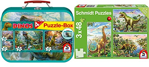 Schmidt Spiele 56495 Dinosaurier, 4 Kinderpuzzle im Metallkoffer, 2x60 und 2x100 Teile & 56202 Abenteuer mit den Dinosauriern, 3x48 Teile Kinderpuzzle