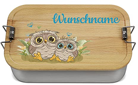 PR Print Royal Große Brotdose Bedrucken mit Name und Kindermotiv - Eule - Geschenk für Kinder zur Einschulung, personalisiertes Geschenk - Brotdose selbst gestalten, Holzdeckel, BPA-frei, 1000 ml