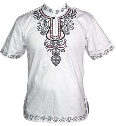 Adhdyuud Camisa Dashiki tradicional con bordado para hombre, blanco, XL