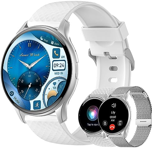 Dachma Amoled Smartwatch Rund - Android Damen mit Whatsapp Funktion Telefonfunktion Silber Telefonieren mit Sprachassistent Uhr anruffunktion mit 3 Armbändern, KW102-HK89