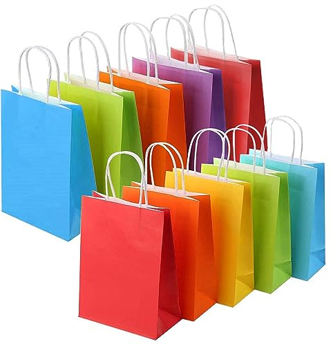 Party Bags, 10 Pcs Paper Gift Bags with Handles,6 Colors Childrens Kraft Paper Party Bags for Kids Party,Birthday,Coloured Paper Bags Supplies -16×8×22 cm (10 PACK Rainbow)