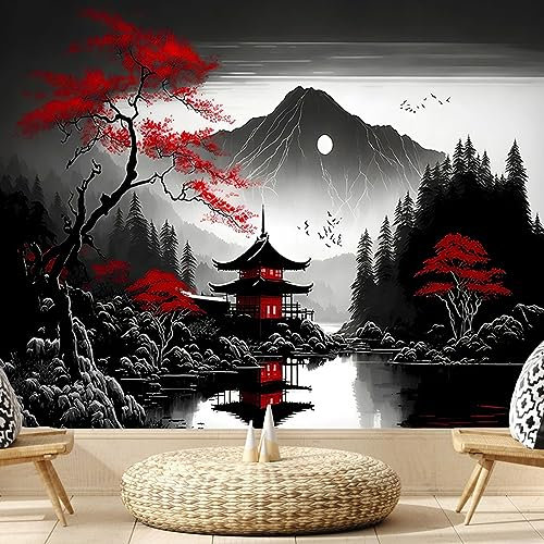 Atrippy Wandteppich mit Bergwald für Schlafzimmer, Schwarz und Weiß, Naturmondlandschaft, Wandbehang, Baum, Sonnenuntergang, dunkel, große Wandteppiche, ästhetische Kunstdekoration für Wohnzimmer,