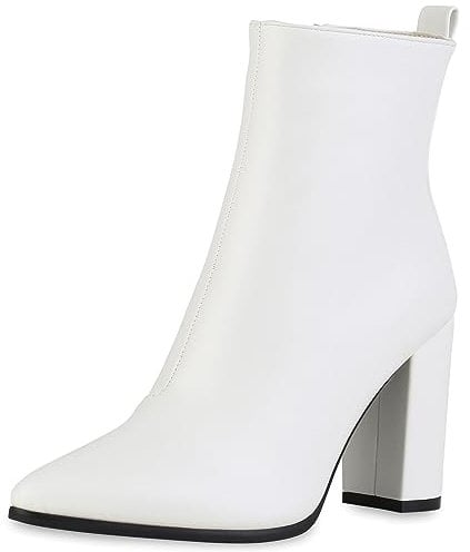VAN HILL Damen Klassische Stiefeletten Blockabsatz Basic Trendy Schuhe 840337 213278 Weiss 39