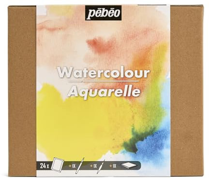 PEBEO - Set 24 Demi Godets Aquarelle + Accessoires + Carnet Papier + Pinceau Réservoir + Feutre Noir - Kit Aquarelle pour Artiste et Débutant - Couleurs Lumineuses