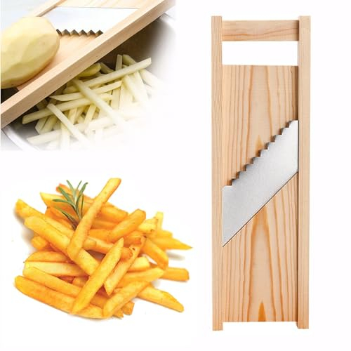 Potato Chipper, Professional Kitchen French Fries Chip Cutter with Stainless Steel Blade and Actual Wooden Frame, French Fry Maker for Potatos, Carrots, Cucumbers (7 * 8mm+Finger Protecto)