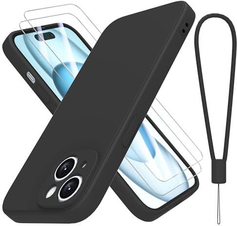 THIYUFUNS Coque pour iPhone 15 (6.1) avec 2 Verre trempé,Silicone Liquide Intérieur Microfibre Etui de Protection Contre Les Chutes Antichoc pour Housse iPhone 15 - Noir