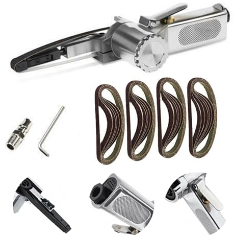 Ponceuse pneumatique à bande rotative à pour 360 °, 10 mm de large 330 x 10 mm de large, ponceuse à bande pneumatique, lime électrique de ponçage de détail + 50 bandes pour enlever la rouille de la