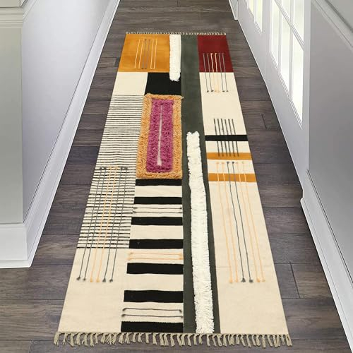 CASAVANI Läufer – Kelim Teppich, 6,6 x 35,6 cm, Grau & Gelb, Baumwolle, Dhurrie, für drinnen und draußen, Flachgewebe, für Zuhause und Foyer, Korridor, Flur und Treppenläufer