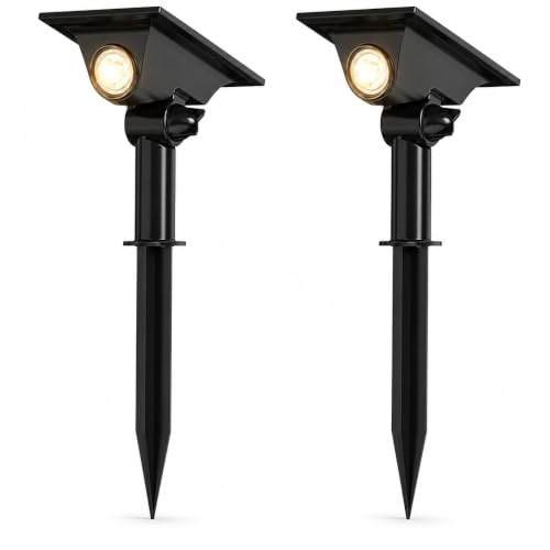 Auraglow Solar Erdspieß Strahler, Boden oder Wandmontage, 2er Pack | Außen LED Akzentlicht für Gartenbäume und Pflanzen, IP54, Lithium Akku, keine Verkabelung nötig