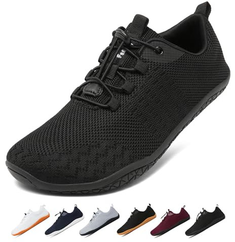 Geweo Barfußschuhe Herren Damen Sommer Bequeme Barfuss Schuhe Sneaker mit Breite Zehenbox für Sport Fitness Gym Schuhe Leicht Atmungsaktiv Turnschuhe Zero-Drop Solhe Barefoot Shoe Unisex Schwarz 42EU