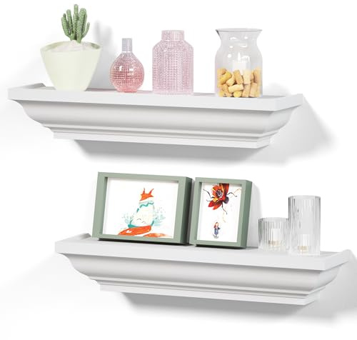 Alsonerbay Wall Mounted Floating Shelves Set of 2, White Storage Shelf | Rustic white wood wall organiser set of 2 for display. Perfect for bedroom, living room, bathroom & office storage