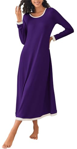 Ekouaer Camicia da Notte A Maniche Lunghe da Donna Pigiama Casual Indumenti da Notte Invernali Lunga Viola XL