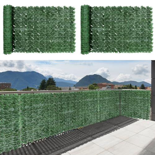 YUNYODA Künstlicher Efeu Balkon Sichtschutz, 1x3m Künstliche Efeu Sichtschutz für Balkon Terrasse Zaun, Künstliche Blätter Sichtschutz Ausziehbar Dekoration Balkonsichtschutz für Gartenhecken (2PCS)