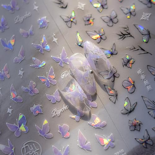 2 Blätter Schmetterling Nagelsticker Selbstklebend,Muschel Glitzer Nail Art Butterfly Nail Sticker Lila Grau Schmetterlinge Nagelaufkleber Relief Laser Butterflies Nagel Sticker Nageldesign Zubehör