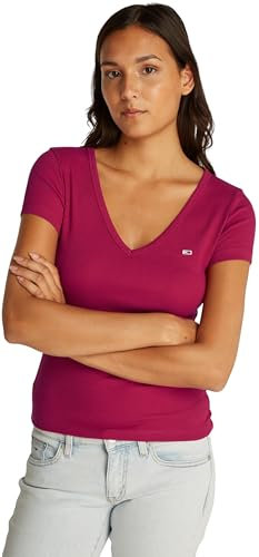 Tommy Jeans Tjw Slim Essential Rib V SS Dw0dw17385, Camisetas de Punto de Manga Corta Mujer, Red (Brilliant Berry), XS