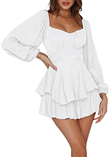 Women's Puff Sleeve Off Shoulder Mini Dress Ruffle Tiered Smocked Layered Flowy Dress A Line Swing Beach Smocked Short Dress (D-White, S)