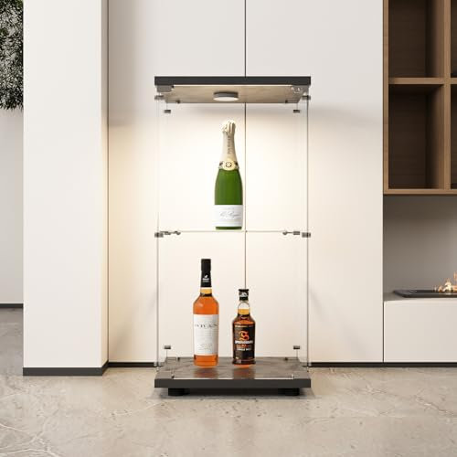 Vitrina de cristal con 2 estantes, armadura de cristal, mueble vitrina de cristal con LED y puertas, vitrina de exposición de cristal templado, vitrina de cristal con cerradura, 40,3 x 36,5 x 86,2 cm
