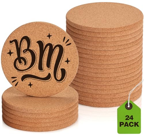 24 PCS Cork Coasters for Laser Engraving, Thick Absorbent Blank Coasters | 4 Inch Heat Resistant Coffee Table Coaster Bulk Plant Saucers Home Decor for Wood Burning, DIY Crafts, Wedding, Party, Round