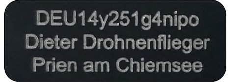 Drohnenkennzeichen für DJI NEO, DJI Mini Serie und DJI Mavic Serie - EASA registrated Drone - Plakette mit e-ID mit Adresse bis 2 Zeilen, 20x8mm, schwarz oder silber; Aluminium selbstklebend