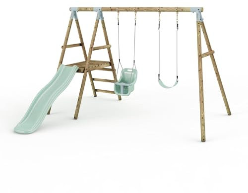 Limited Edition Rebo Double Wooden Swing Set with Slide - Odyssey | Pressure Treated Timber| Soft Feel Ropes | Baby Swing Seat and Flexible Swing Seat | Sturdy Construction | 6FT Slide | Pastel Green