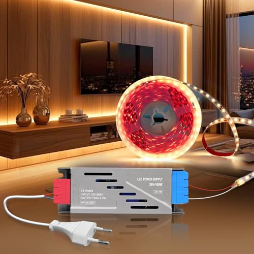 BRIMETI 24V LED Streifen Selbstklebend Strip 5M Warmweiss 3000K 600LEDs 8mm Breite, Flexibel Band Licht DIY Leiste, mit LED Netzteil 24V 100W und Netzkabel mit Stecker, für TV, Schlafzimmer