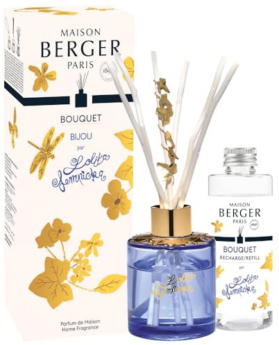 Maison Berger Diffuseur Bouquet Parfumé Lolita Lempicka 100ml – Bâtonnets Saule Végétal – Longue Diffusion Élégante, Idée Cadeau Maison Raffinée - Bijou Plat en Feuilles de Lierre dorées (Violet)