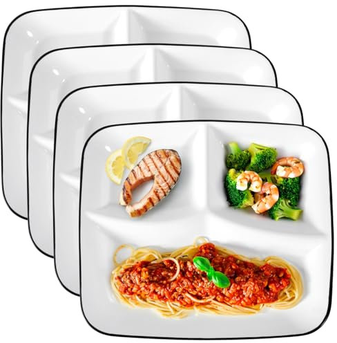 OMISTAR 4Pcs Portion Control Plates, 10 Ceramic Divided Plates for Adults, Rectangles Porcelain Dinner Diet Plates, White Ceramic Plates for Balanced Meals, Diabetes and Weight Loss Diet Plates