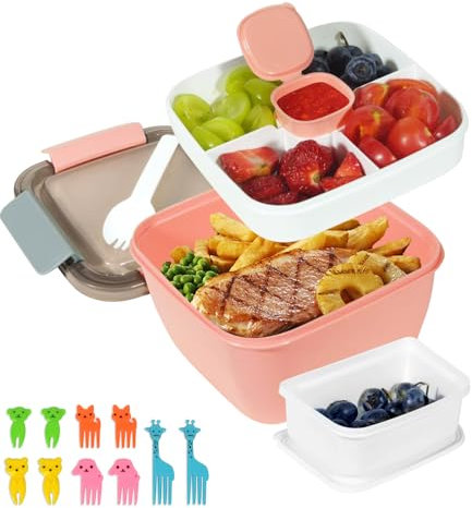 Boîte à déjeuner avec compartiments, boîte à bento 1500 ML, boîte à salade à emporter, Lunch Box avec couverts pour adultes/enfants, Boite à Lunch pour Pique-Nique, Travail, Écoles, Camping (Rose)