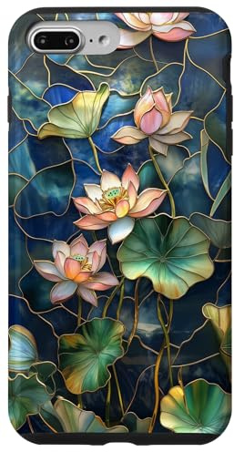Lotus Flower Stained Glass Aesthetic Blue Floral Casing Case for iPhone 7 Plus/8 Plus