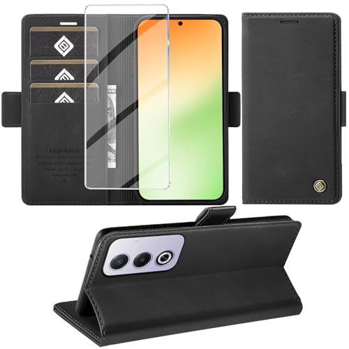 Giyer Cover per OPPO A80 Custodia con Vetro Temperato, Premium Pelle PU Portafoglio Slot per Scheda RFID Antifurto Funzione Supporto Flip Case, Antiurto per OPPO A80 5G Cover (Nero)