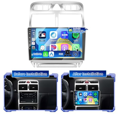 Hikity 4G+64G Android 15 Radio Coche para Peugeot 307 2007-2013 con Pantalla Táctil de 9 Pulgadas, 2 DIN con Carplay Android Auto inalámbrico Radio FM/RDS Radio BT GPS WiFi SWC +Cám+Mic
