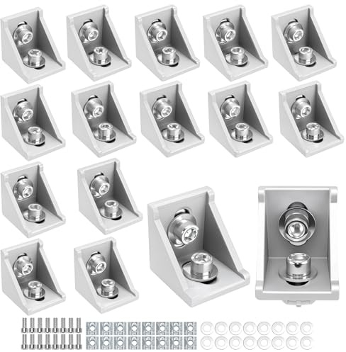 SINJEUN Lot de 16 équerres d'angle en aluminium 40 x 40 mm - Avec vis M8 - Rondelles - Écrous à ailettes - Argenté - Pour la construction de meubles, les installations solaires, les projets de